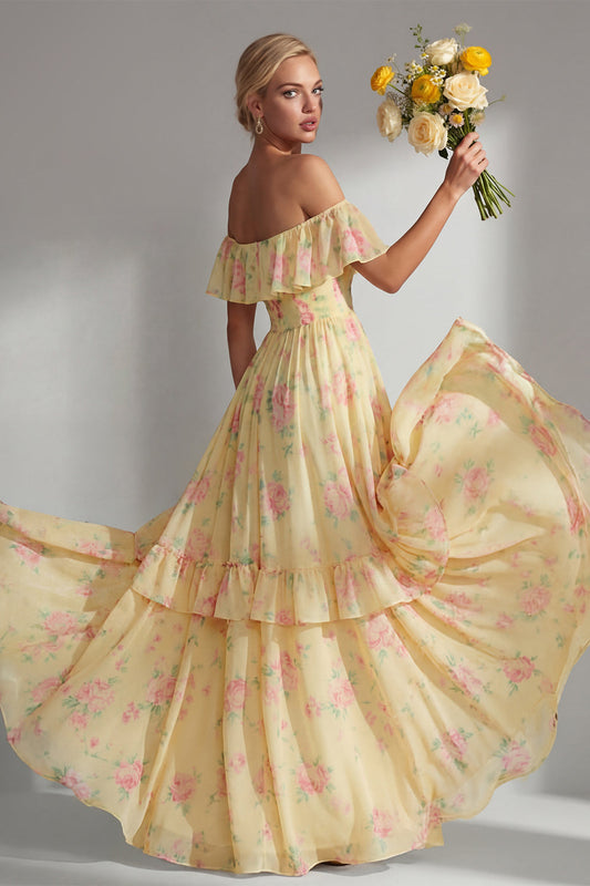 A-Line Yellow Pink Flower Off the Shoulder Chiffon Long Bridesmaid Dress with Ruffles