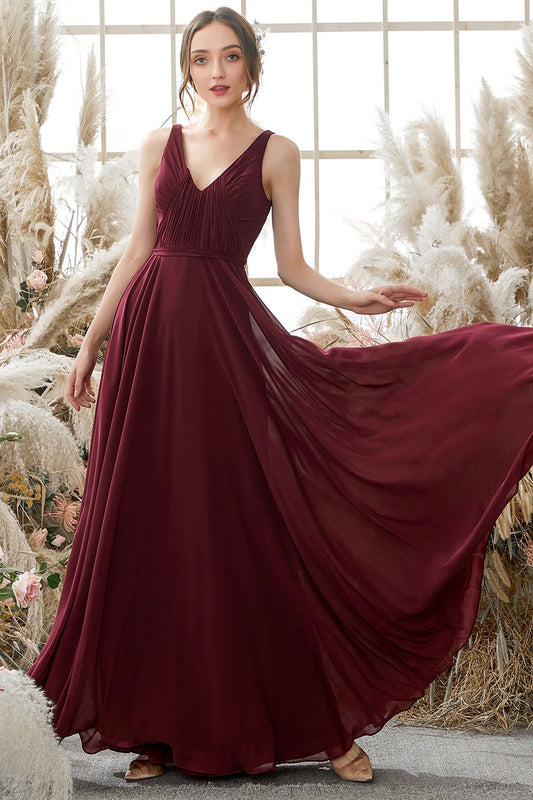 Robe de demoiselle d'honneur en mousseline bordeaux à col en V