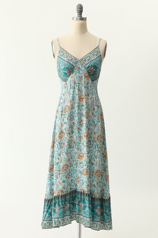Robe bleue style bohème à fines bretelles