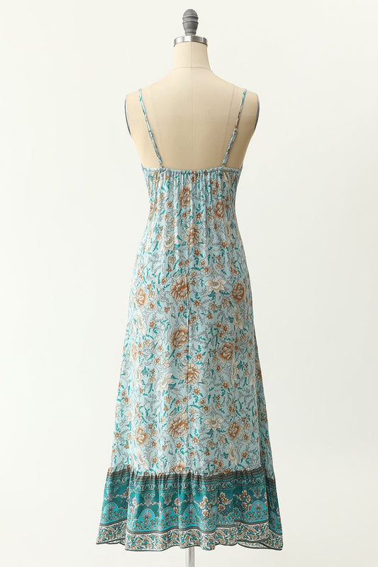Robe bleue style bohème à fines bretelles