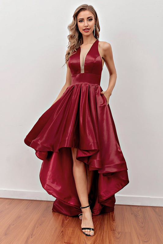 Robe de bal bordeaux asymétrique avec poches