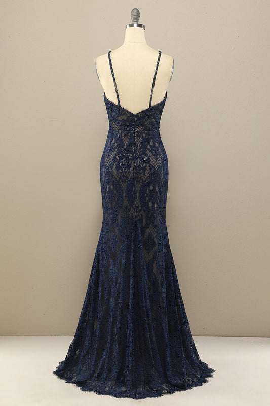 Robe de bal longue en dentelle sirène bleu marine