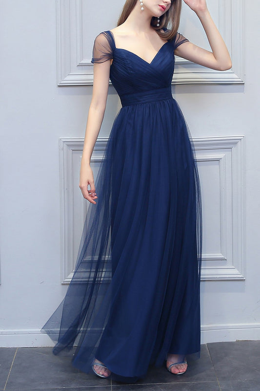 Robe de demoiselle d'honneur longue en tulle, coupe trapèze et décolleté en V