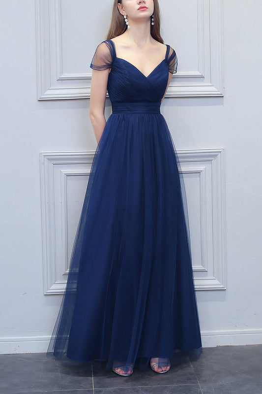 Robe de demoiselle d'honneur longue en tulle, coupe trapèze et décolleté en V