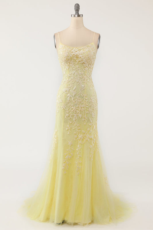 Robe de bal longue sirène jaune avec appliqués