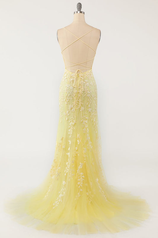 Robe de bal longue sirène jaune avec appliqués