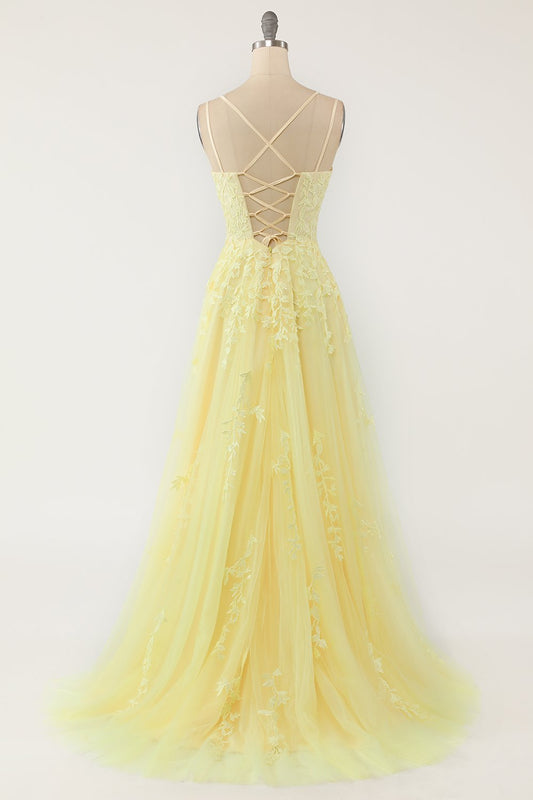 Robe de bal jaune à fines bretelles