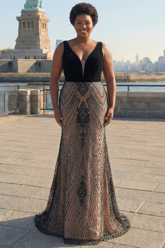 Robe de bal sirène noire longue grande taille avec décolleté en V profond et dos ouvert