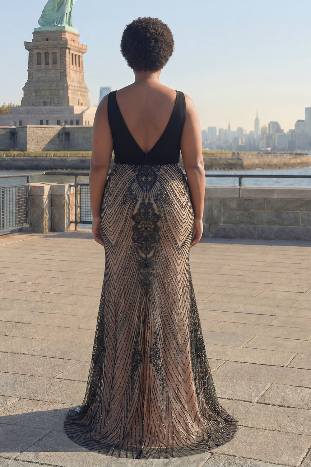Sparkly Black Mermaid Deep V-Neck Long Prom Dress with Open Back