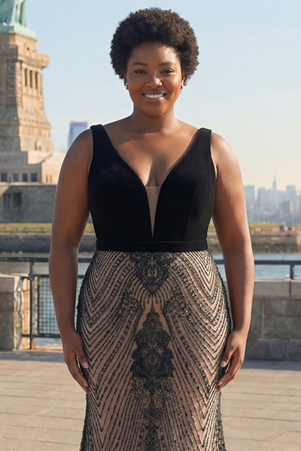Deep V Neck Black Mermaid Long Plus Size Prom Dress with Open Back