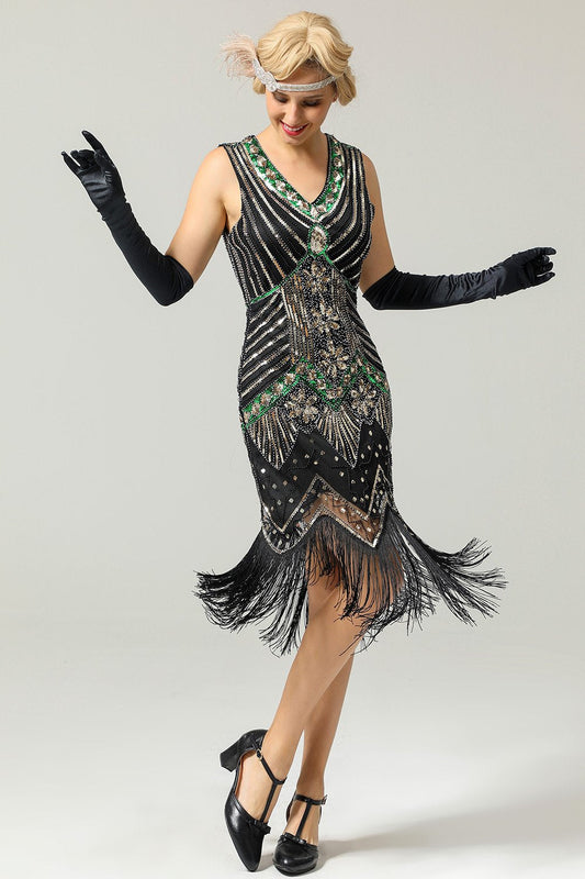 Robe Charleston des années 20 à franges et paillettes noires