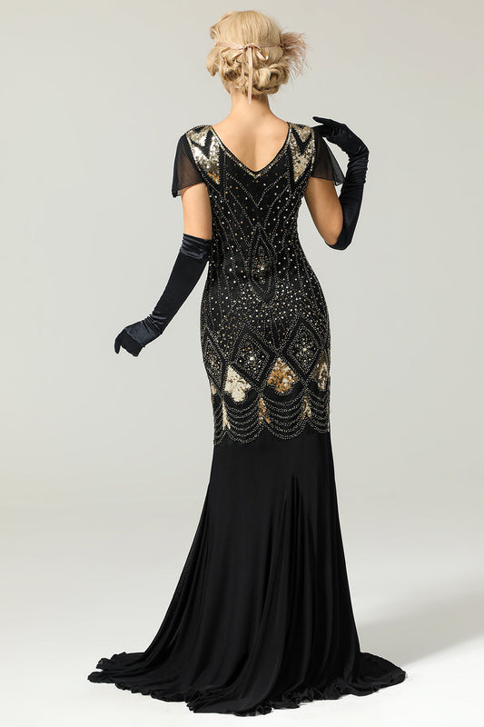 Robe Charleston noire longue à sequins, style années 20