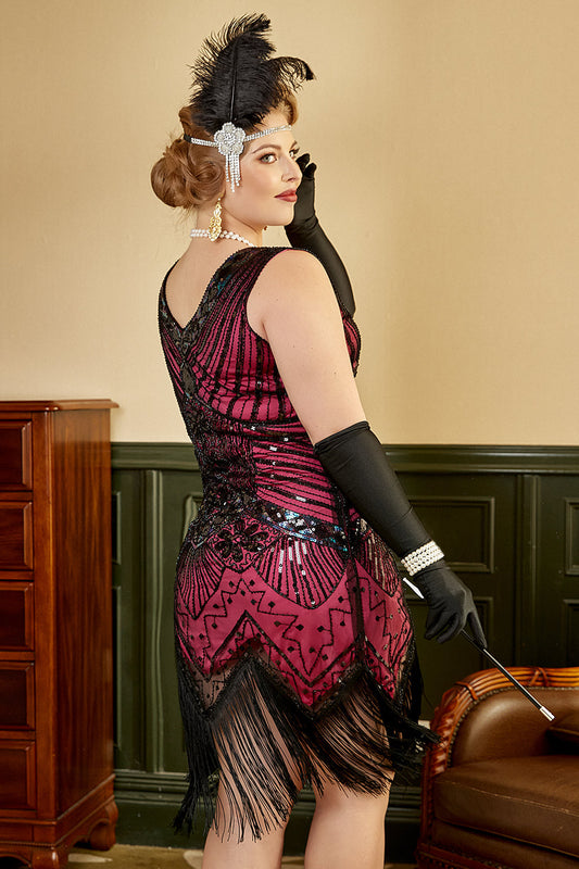Robe flapper années 20 fuchsia grande taille à col en V