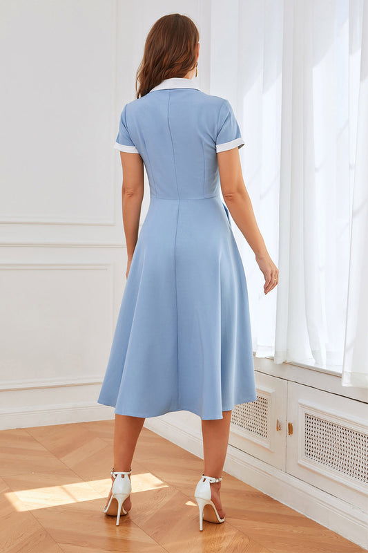 Robe Trapèze Bleue Années 50 avec Poches