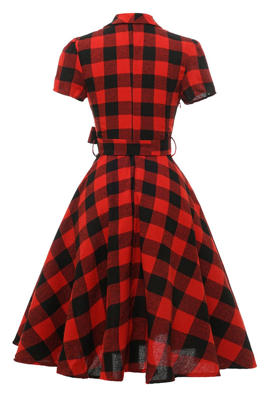 Robe Vintage à Manches Courtes Carreaux Rouges