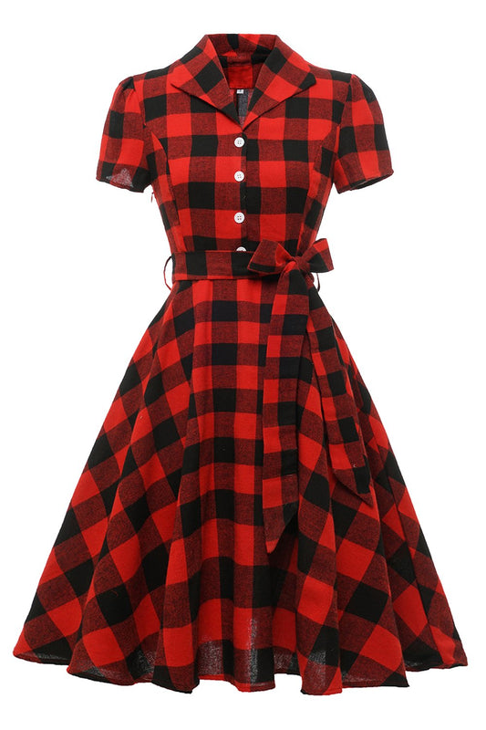 Robe Vintage à Manches Courtes Carreaux Rouges