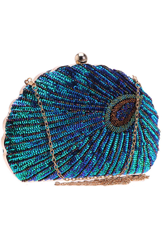 Pochette en perles en forme de coquillage vert paon
