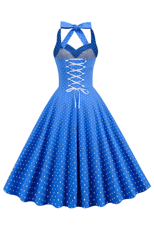 Robe Vintage Dos Nu à Pois Bleus et Col Halter