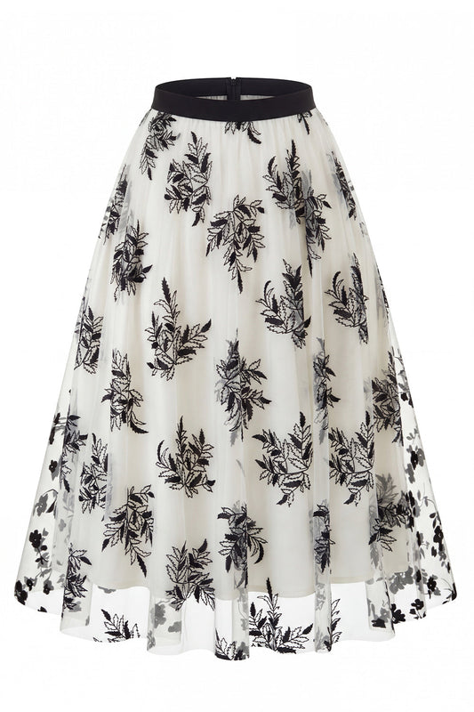 Women's 3D Floral Mesh Tulle Midi Skirt – High Waisted A-Line Fairy Long Skirt