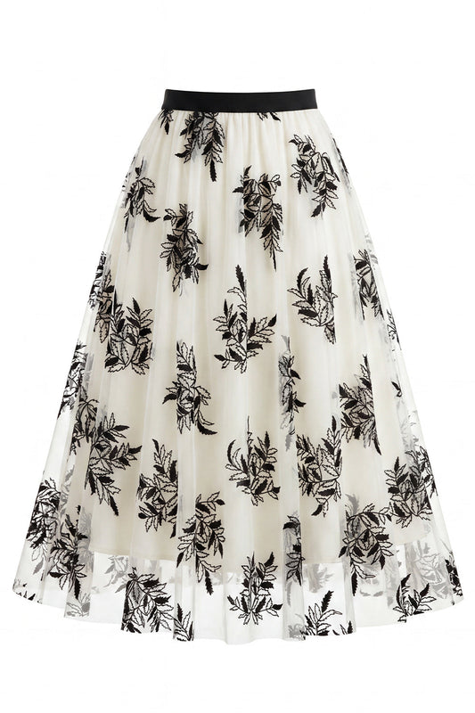 Women's 3D Floral Mesh Tulle Midi Skirt – High Waisted A-Line Fairy Long Skirt