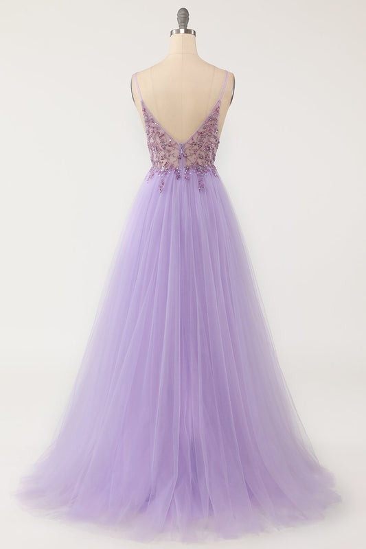 Robe de bal longue en tulle ornée de perles violettes