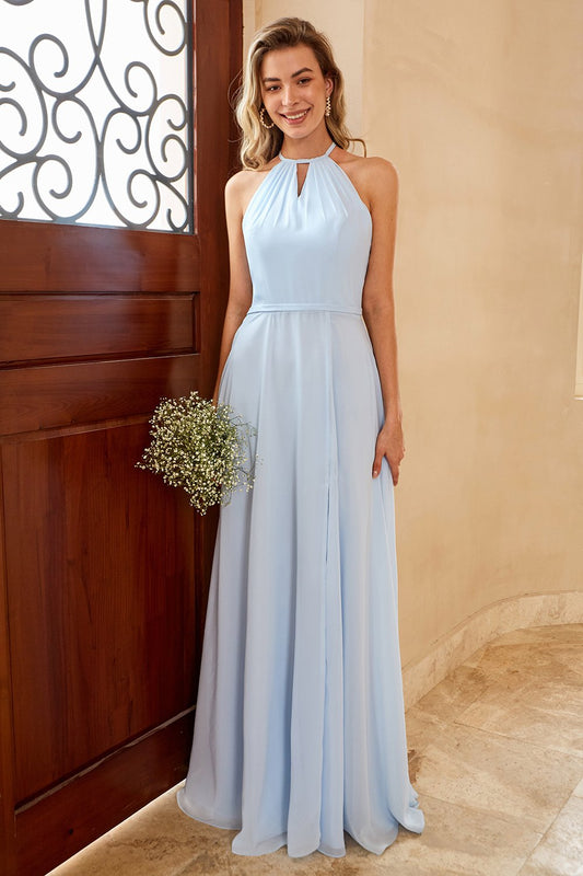 Robe de demoiselle d'honneur longue en mousseline fendue bleu ciel