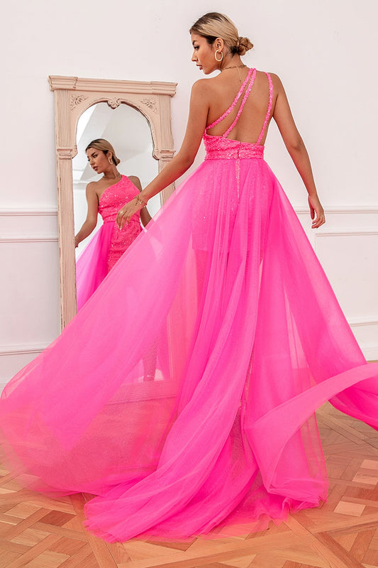 Robe de bal rose vif avec traîne amovible