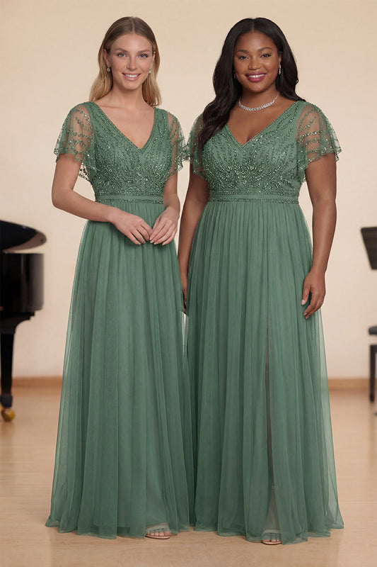 Robe de chorale longue trapèze en tulle vert perlé avec col en V