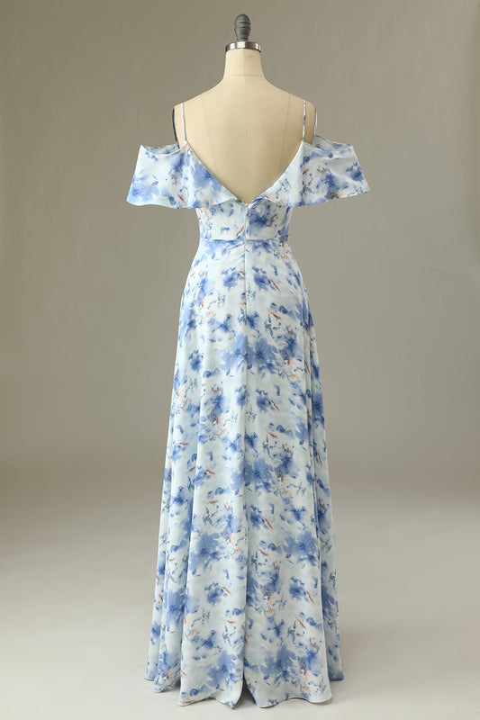 Robe de Demoiselle d'Honneur Longue Imprimée Florale Bleue Épaules Dénudées