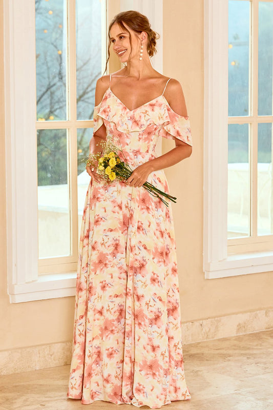 Robe de Demoiselle d'Honneur Imprimée Rouge avec Volants