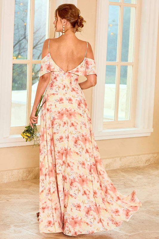Robe de Demoiselle d'Honneur Imprimée Rouge avec Volants
