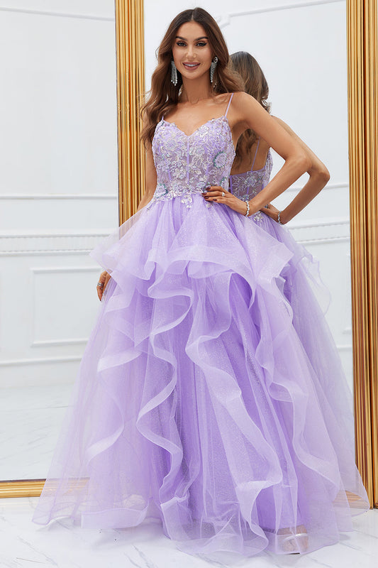 Robe de bal longue corset violet pailleté à volants avec dentelle