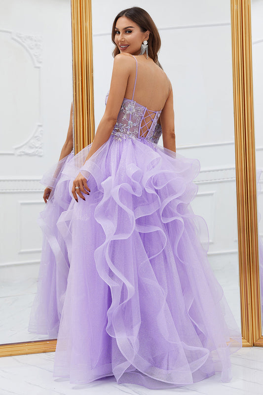 Robe de bal longue corset violet pailleté à volants avec dentelle
