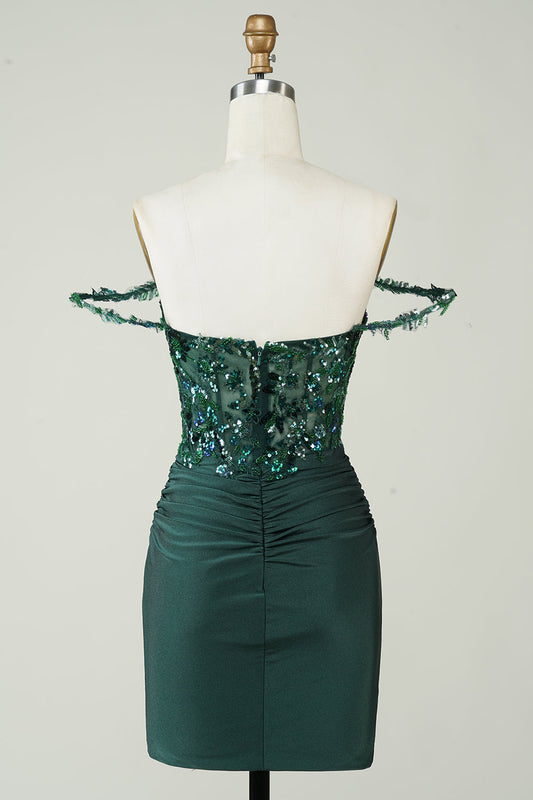 Robe de bal courte vert foncé fourreau unique à épaules dénudées avec appliques