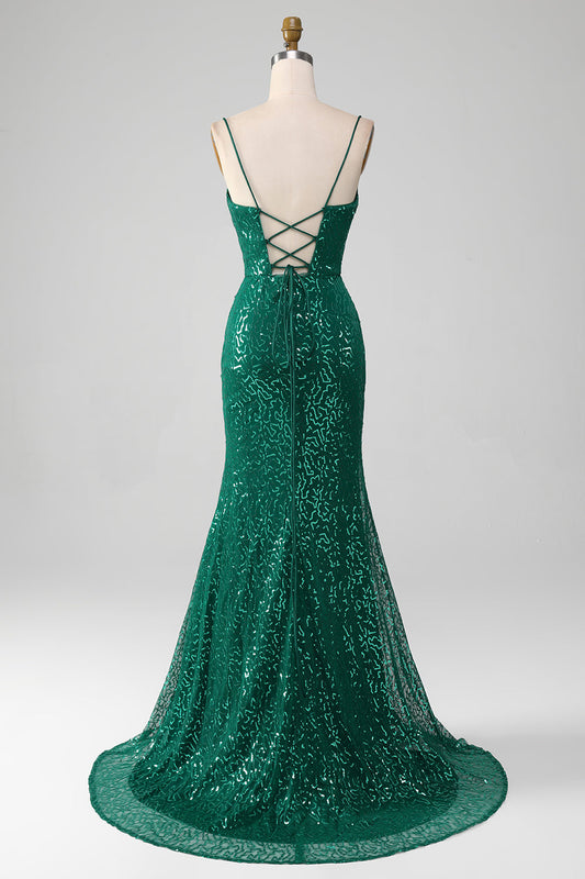 Sparkly Dark Green Beaded Sequin Long Prom Dress with Slit