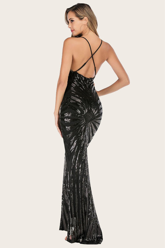 Robe de bal longue sirène noire à sequins