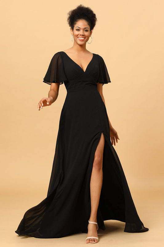Robe de chœur longue en mousseline noire à manches volantées coupe trapèze avec fente