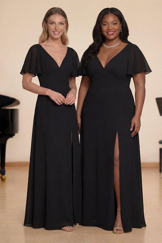 Robe de chœur longue en mousseline noire à manches volantées coupe trapèze avec fente
