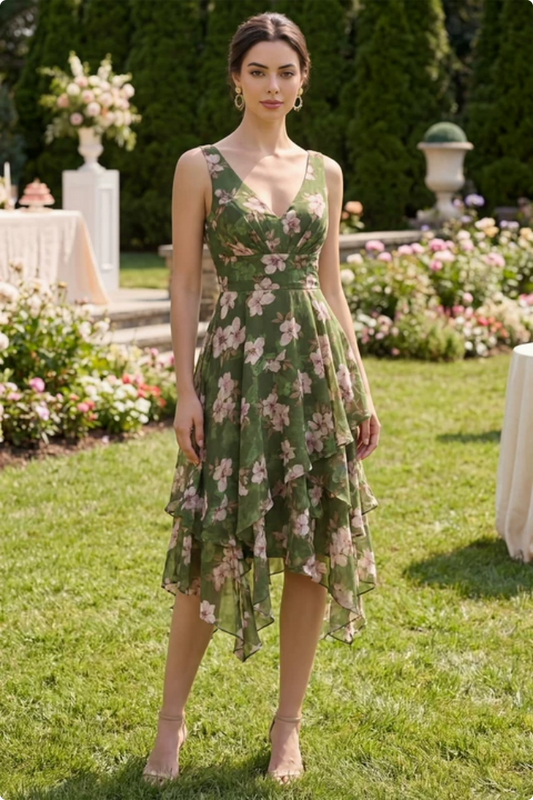 Dark Green Floral V-Neck Ruched A-Line Asymmetrical Midi Dress with Ruffles