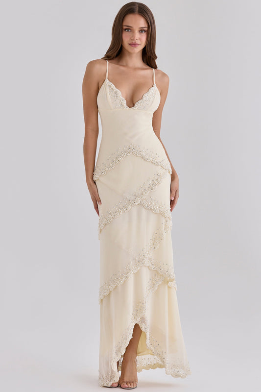 Verano Muse™ Robe longue Sorelle en georgette vanille à perles | Édition limitée