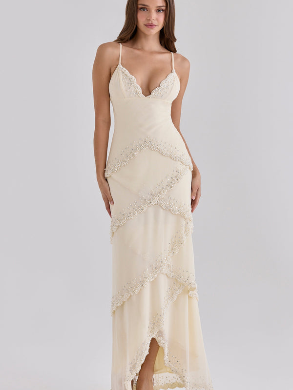 Verano Muse™ Robe longue Sorelle en georgette vanille à perles | Édition limitée