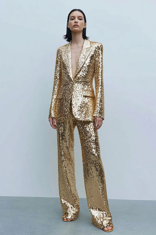 Sparkly Golden 2-Piece Peak Lapel Women's Prom Suit