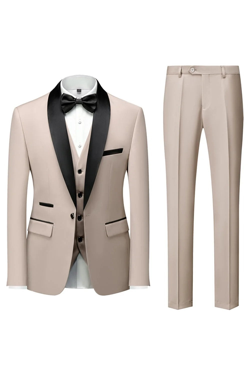 Costume homme 3 pièces à revers châle noir manches longues