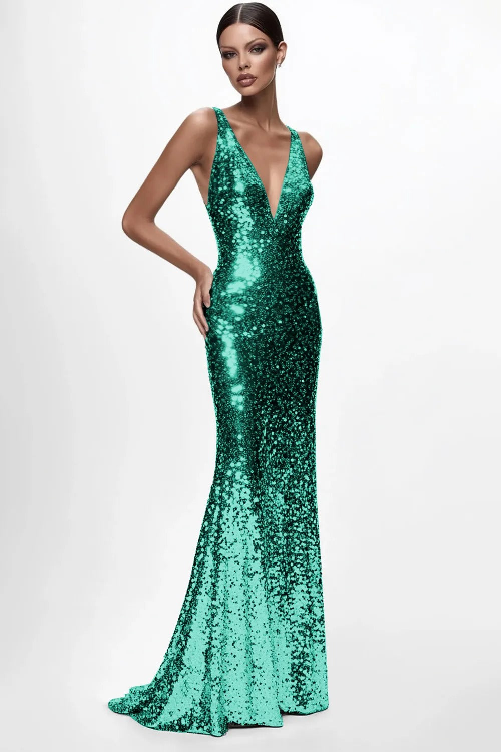 Robe de soirée longue sirène à sequins décolleté en V argenté étincelant