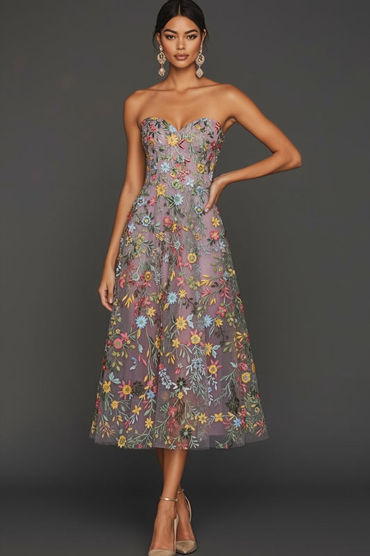Floral Mauve Sweetheart A-Line Embroidered Prom Dress
