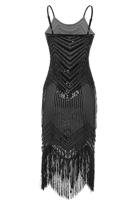 Robe noire à bretelles spaghetti style années 20