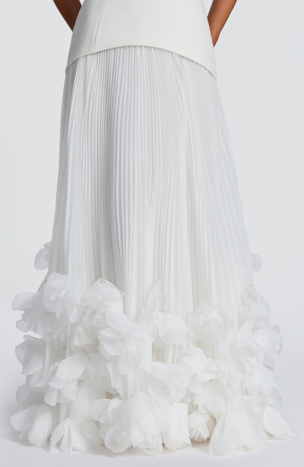 Vestido Sirena Amarillo Pálido con Corsé, Tul Plisado y Flores 3D
