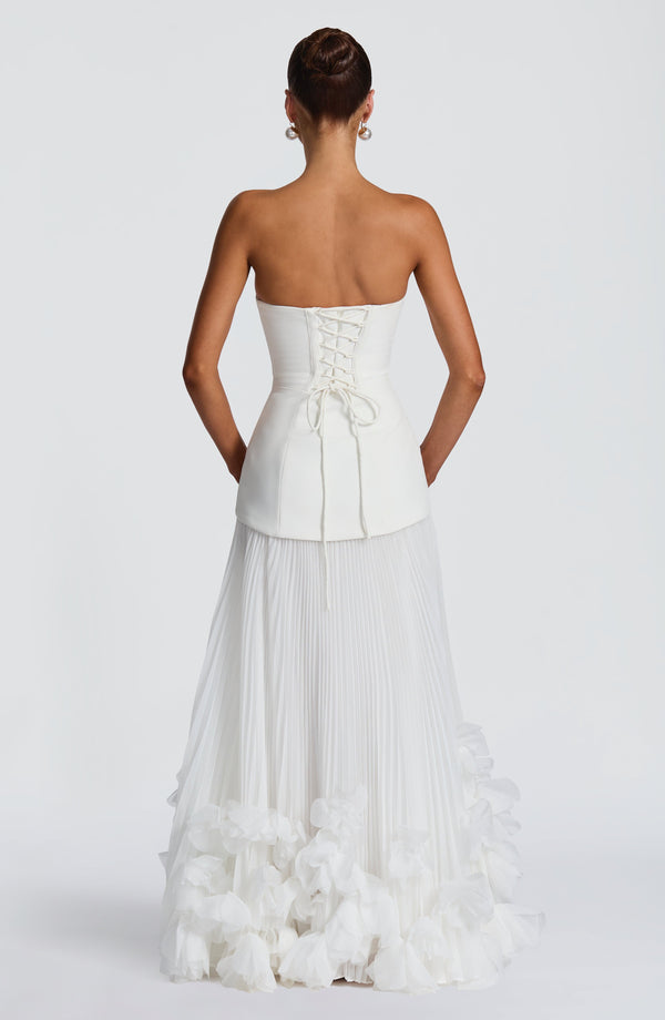 Vestido Sirena Amarillo Pálido con Corsé, Tul Plisado y Flores 3D