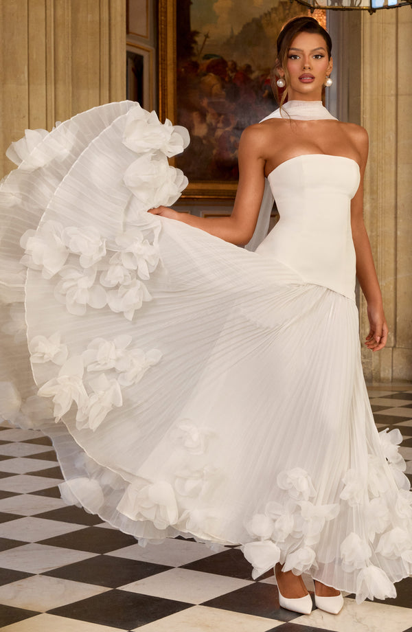 Vestido Sirena Amarillo Pálido con Corsé, Tul Plisado y Flores 3D