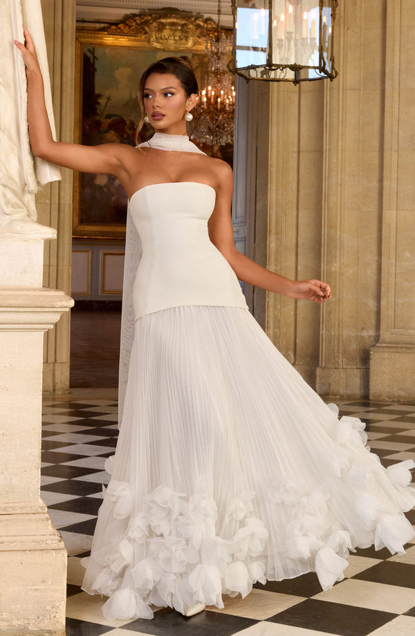 Vestido Sirena Amarillo Pálido con Corsé, Tul Plisado y Flores 3D